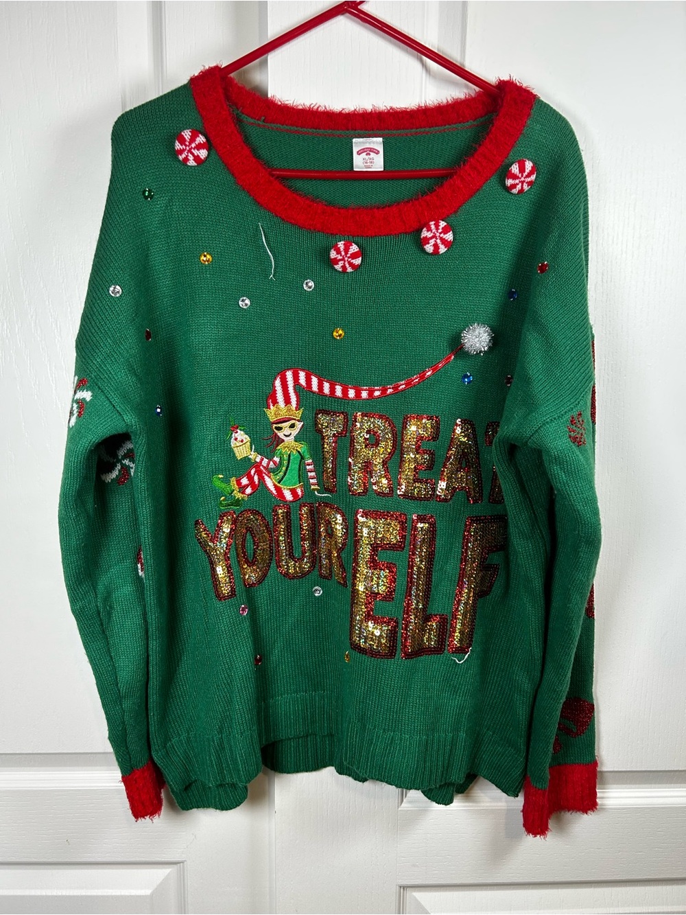 Holiday Time "Treat Your Elf" Ugly Christmas Sweater Women's XL 16/18 FLAWED